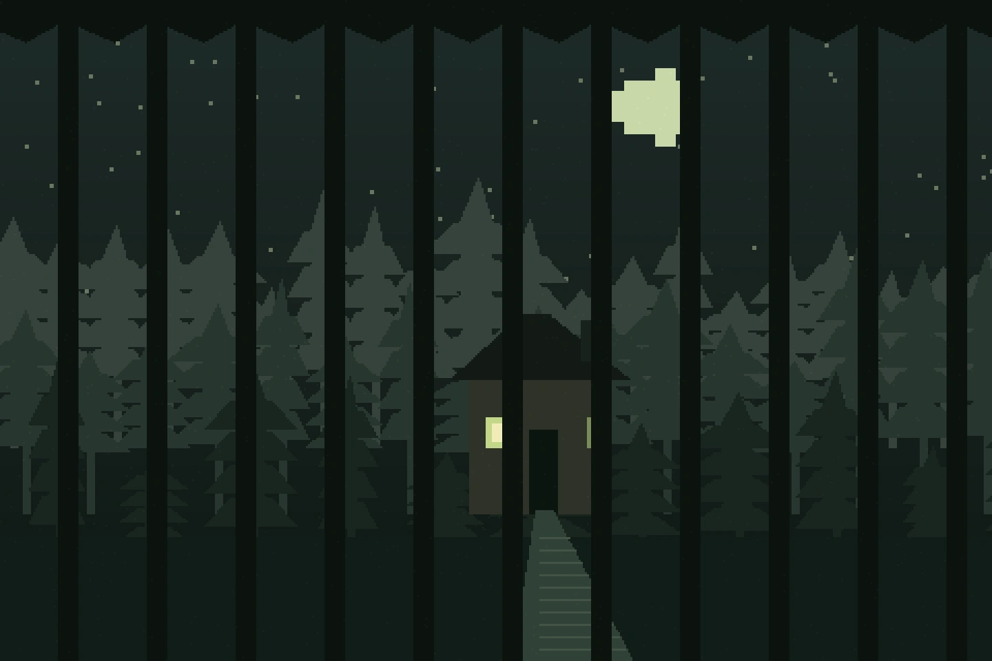 Original pixel illustration of one lit window in a house surrounded by dark pine trees